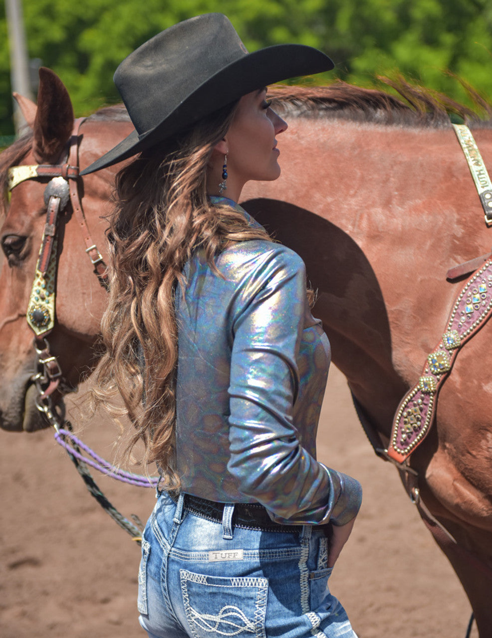 Cowgirl Tuff - Pullover Button Up (Multicolor Oil Print Lightweight Stretch Jersey)