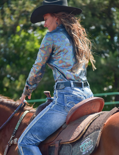 Cowgirl Tuff - Pullover Button Up (Multicolor Oil Print Lightweight Stretch Jersey)