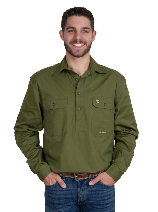 Just Country CAMERON 1/2 Button Work Shirt Olive