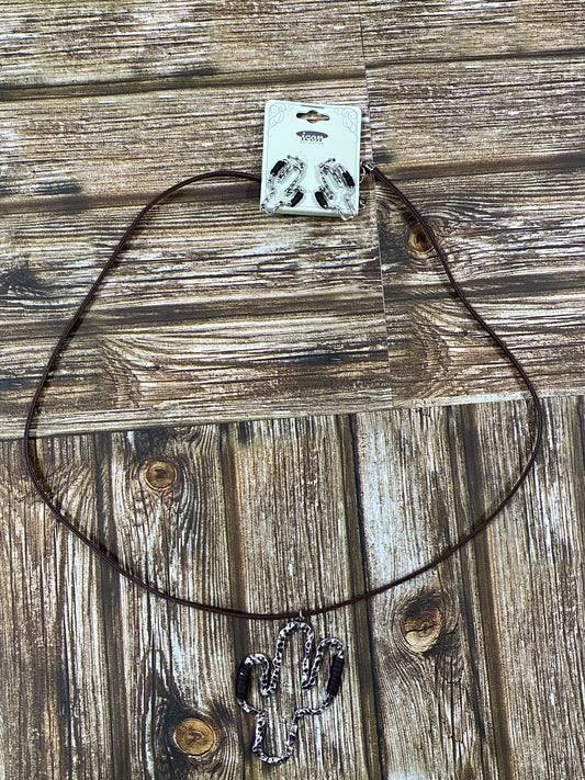 Silvertone Shiloh Creek Ridge Cactus Cord Necklace and Earring Set