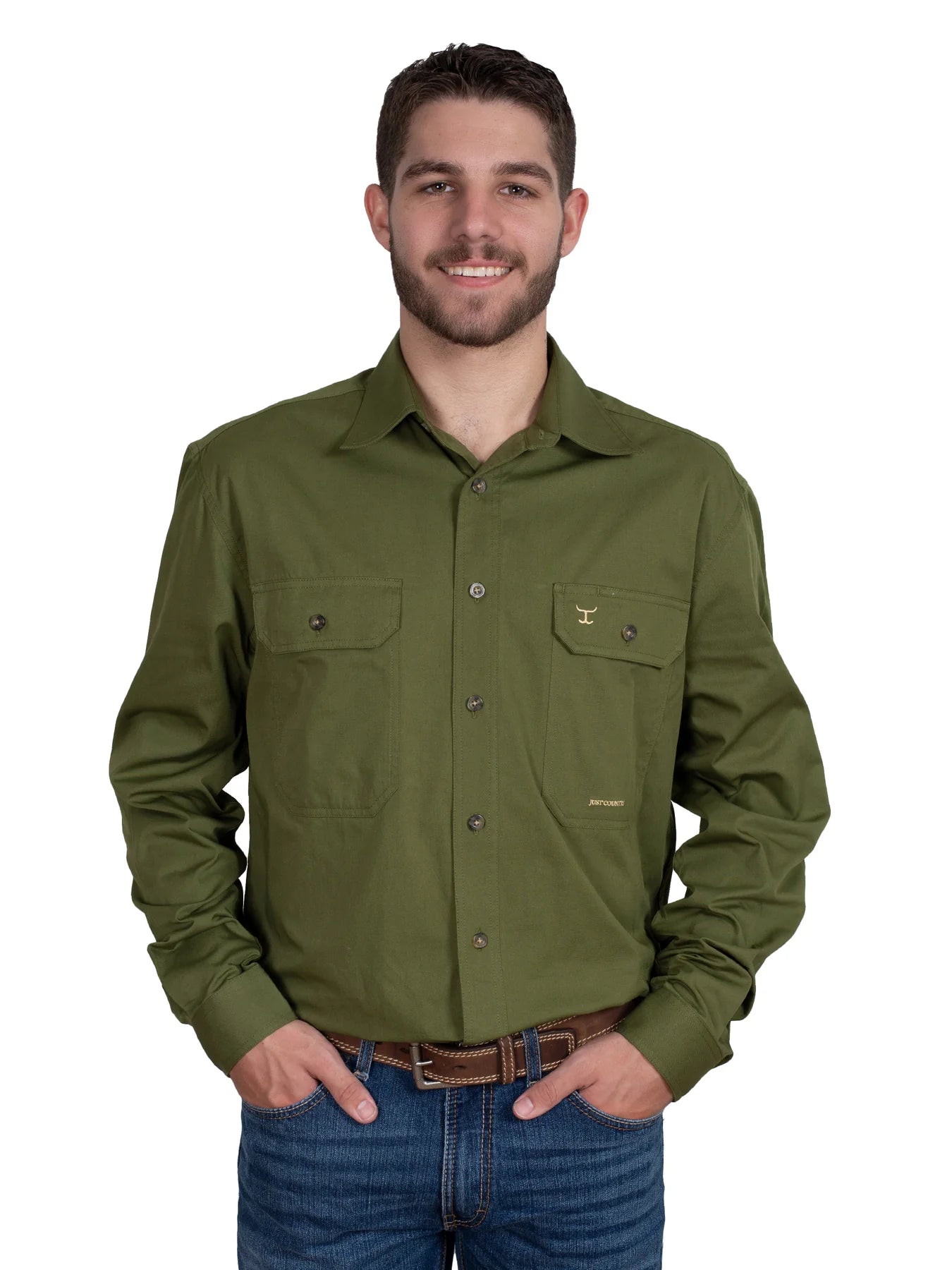 Just Country EVAN Full Button Work Shirt Olive