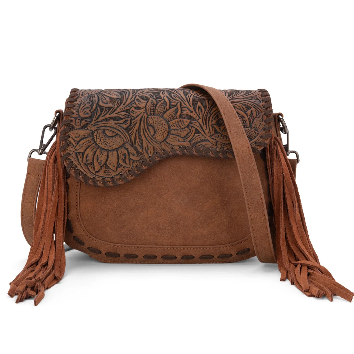 Montana West Tooled Saddle Fringe Crossbody - Brown