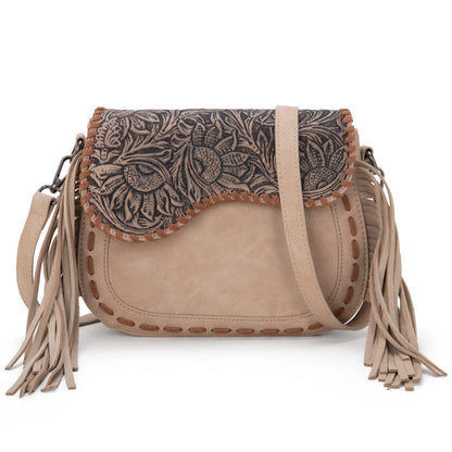 Montana West Tooled Saddle Fringe Crossbody - Tan