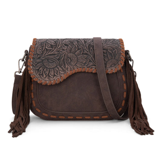 Montana West Tooled Saddle Fringe Crossbody - Coffee