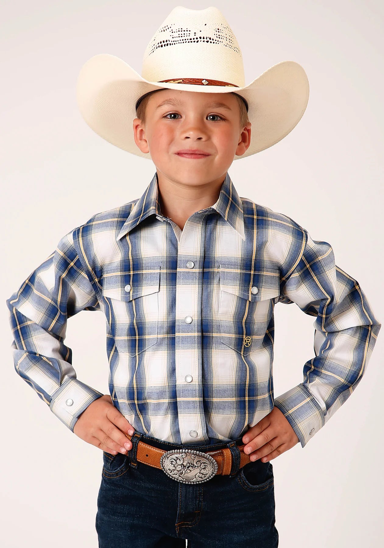 Roper Boys L/S Plaid Blue Western Snap Shirt