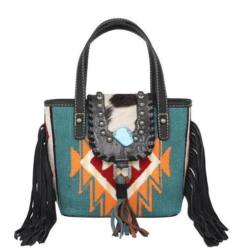 Montana West Hair-On Cowhide Collection Aztec Tapestry Small Tote/Crossbody - Black