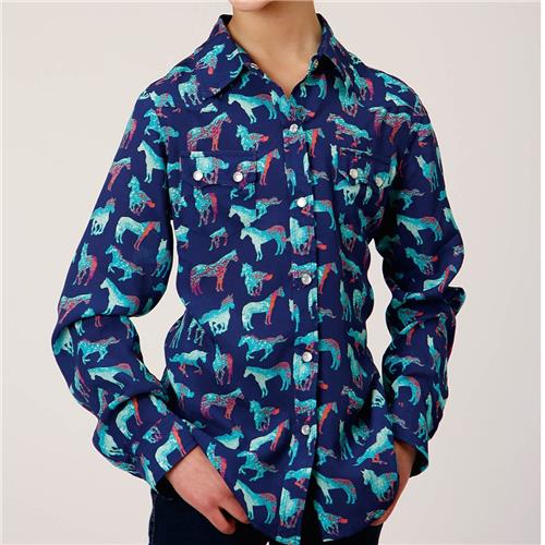 Roper Girls Blue Horse Print Shirt