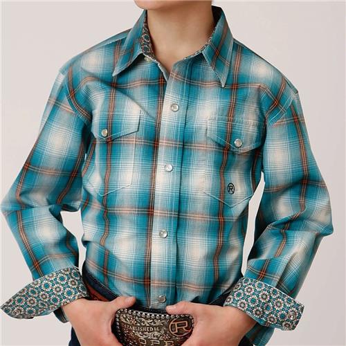 Roper Boys L/S Plaid Blue Shirt