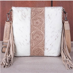 Trinity Ranch Hair-On Cowhide/Tooled Fringe Crossbody Bag - Tan