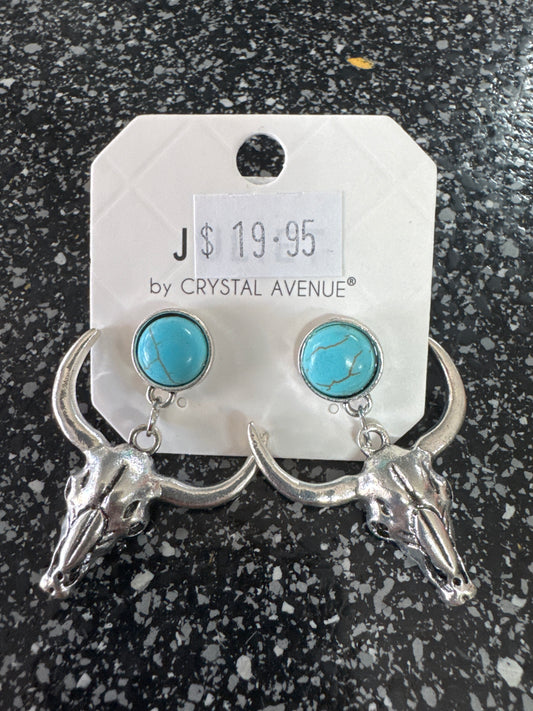 Crystal Avenue Ridgecrest Turquoise Steer Silvertone Earrings