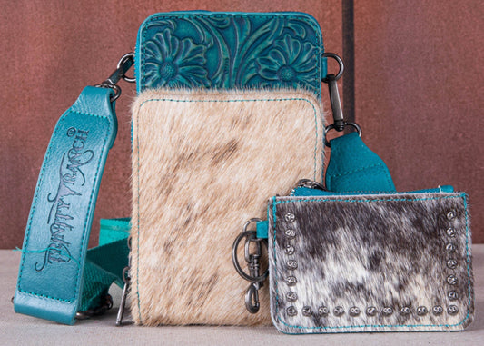 Trinity Ranch Genuine Hair-On Cowhide /Tooled Collection Phone Purse with Coin Pouch - Turquoise