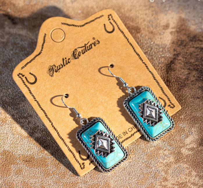 Rustic Couture's Bohemian Rectangle Dangle Silver/bronze Aztec Symbol Synthetic Turquoise Stone Earring