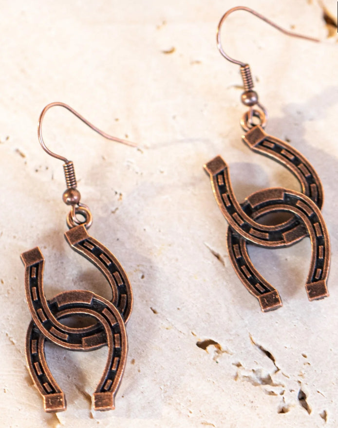 Wrangler Double Horse Shoe Dangling Earrings - Bronze