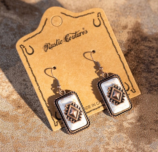 Rustic Couture's Bohemian Rectangle Dangle Silver/bronze Aztec Symbol Synthetic Turquoise Stone Earring - White