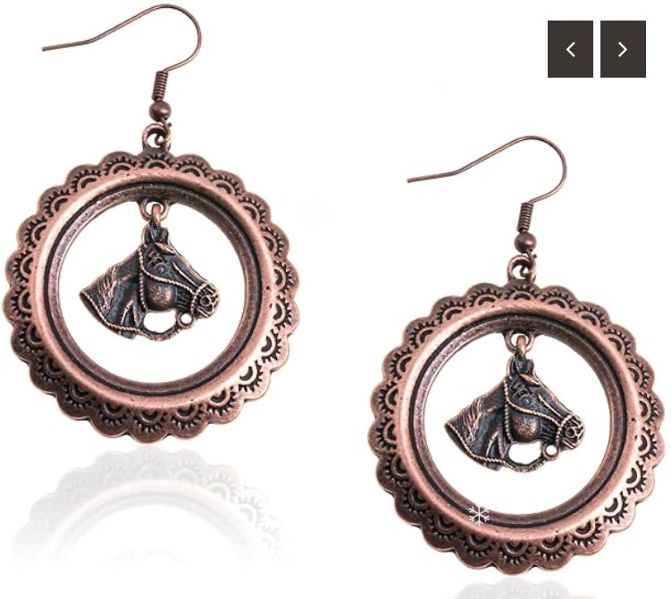 Wrangler Etched Circle Alloy Horse Head Dangling Earrings Bronze