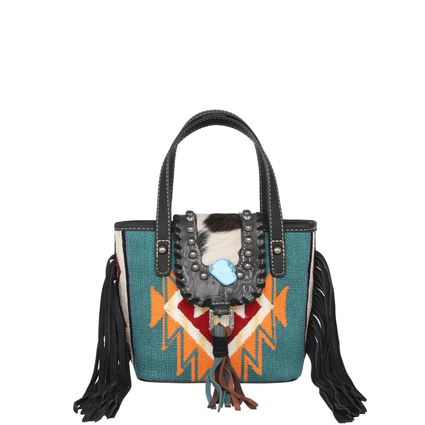 Montana West Hair-On Cowhide Collection Aztec Tapestry Small Tote/Crossbody Black