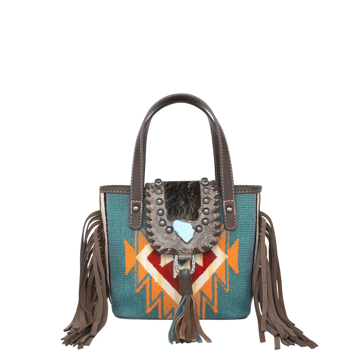 Montana West Hair-On Cowhide Collection Aztec Tapestry Small Tote/Crossbody Coffee