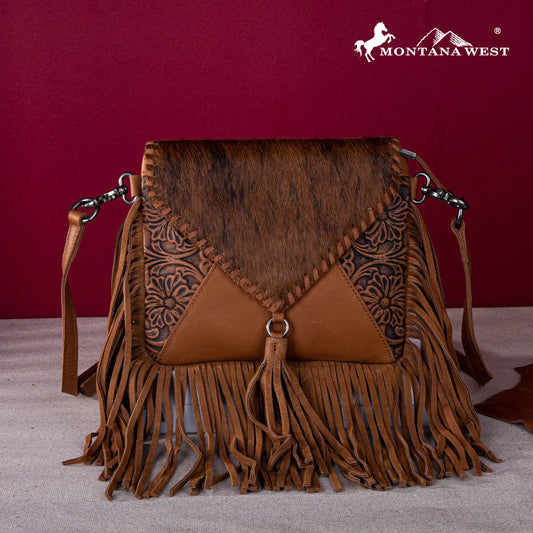 Montana West Genuine Leather Hair-On Cowhide Fringe Bohemian Crossbody - Brown