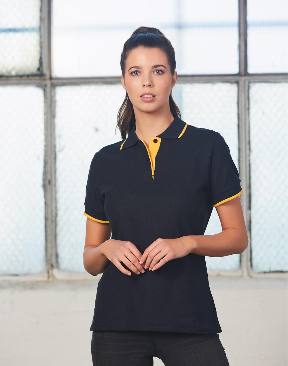 Ladies Poly/Cotton Contrast Pique S/S Polo - Navy/Yellow