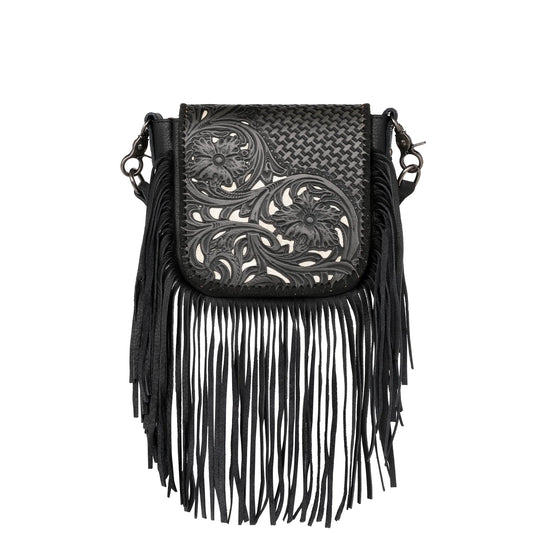 Montana West Genuine Leather Tooled Collection Fringe Crossbody Black