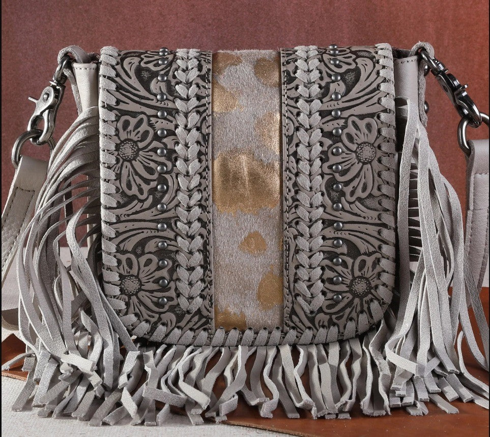 Montana West Genuine Leather Tooled Collection Fringe Crossbody