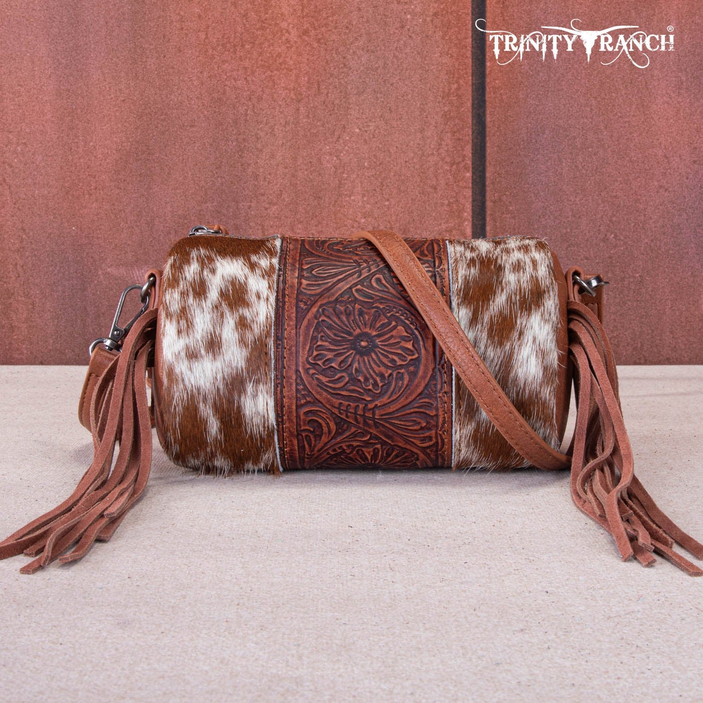 Trinity Ranch Genuine Hair-On Cowhide /Tooled Fringe Collection Barrel Crossbody - Brown