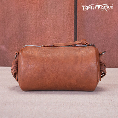 Trinity Ranch Genuine Hair-On Cowhide /Tooled Fringe Collection Barrel Crossbody - Brown