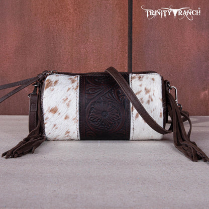 Trinity Ranch Genuine Hair-On Cowhide /Tooled Fringe Collection Barrel Crossbody - coffee