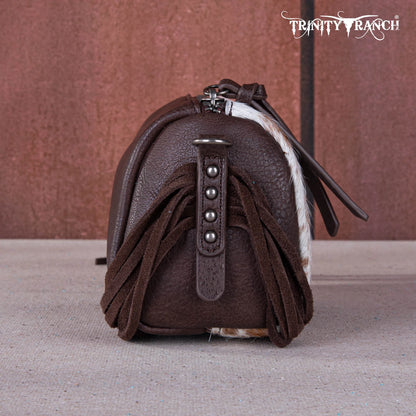 Trinity Ranch Genuine Hair-On Cowhide /Tooled Fringe Collection Barrel Crossbody - coffee