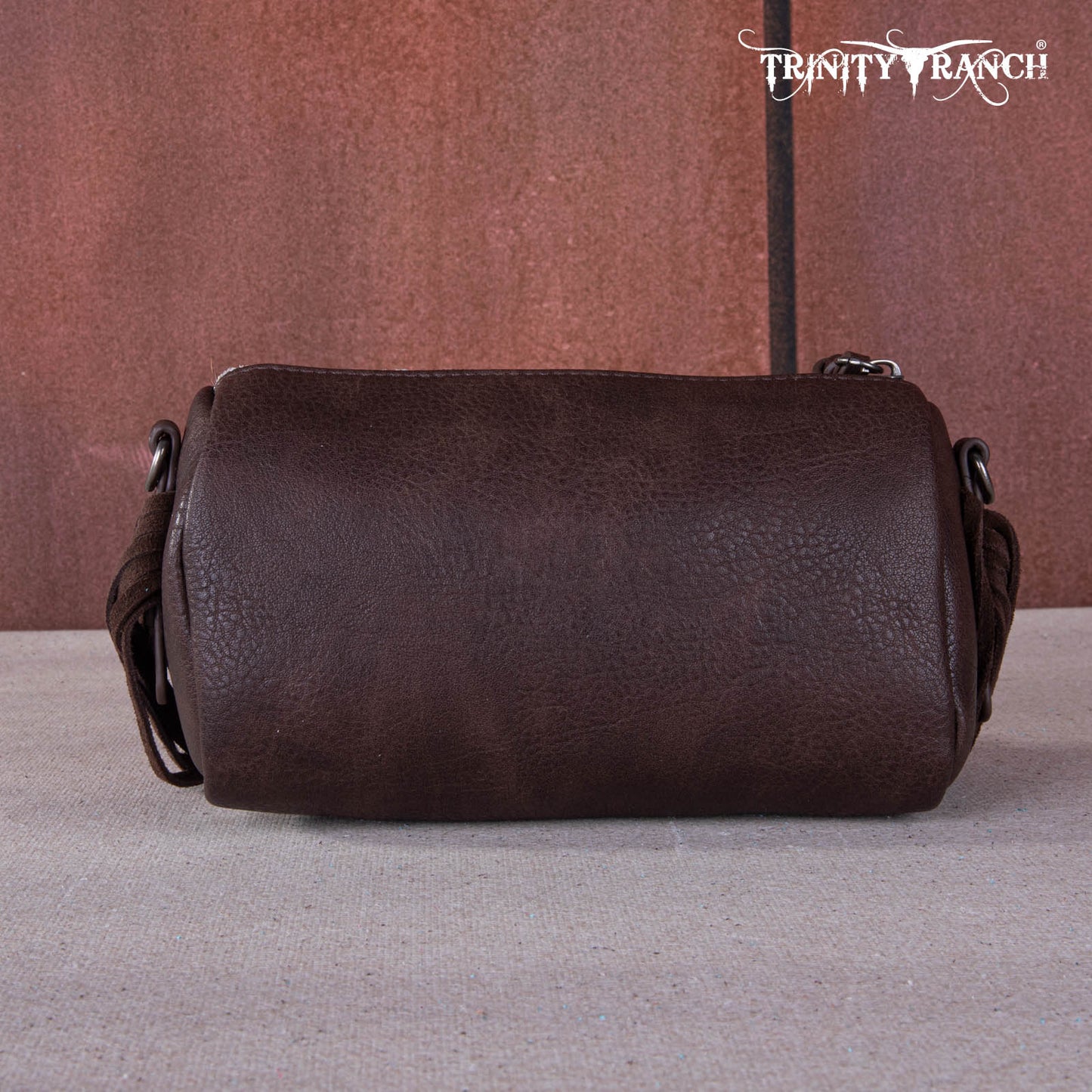 Trinity Ranch Genuine Hair-On Cowhide /Tooled Fringe Collection Barrel Crossbody - coffee