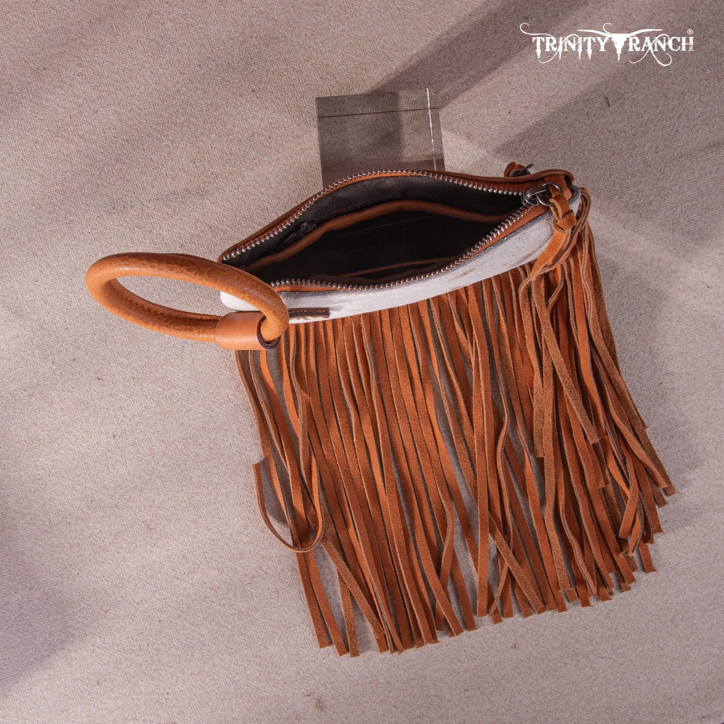 Trinity Ranch Genuine Hair-On Cowhide Ring Handle Wristlet Clutch Bag - Light Brown