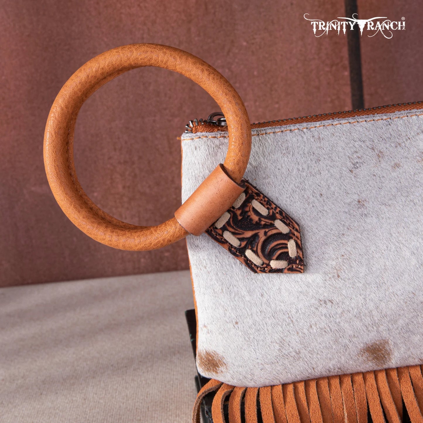 Trinity Ranch Genuine Hair-On Cowhide Ring Handle Wristlet Clutch Bag - Light Brown