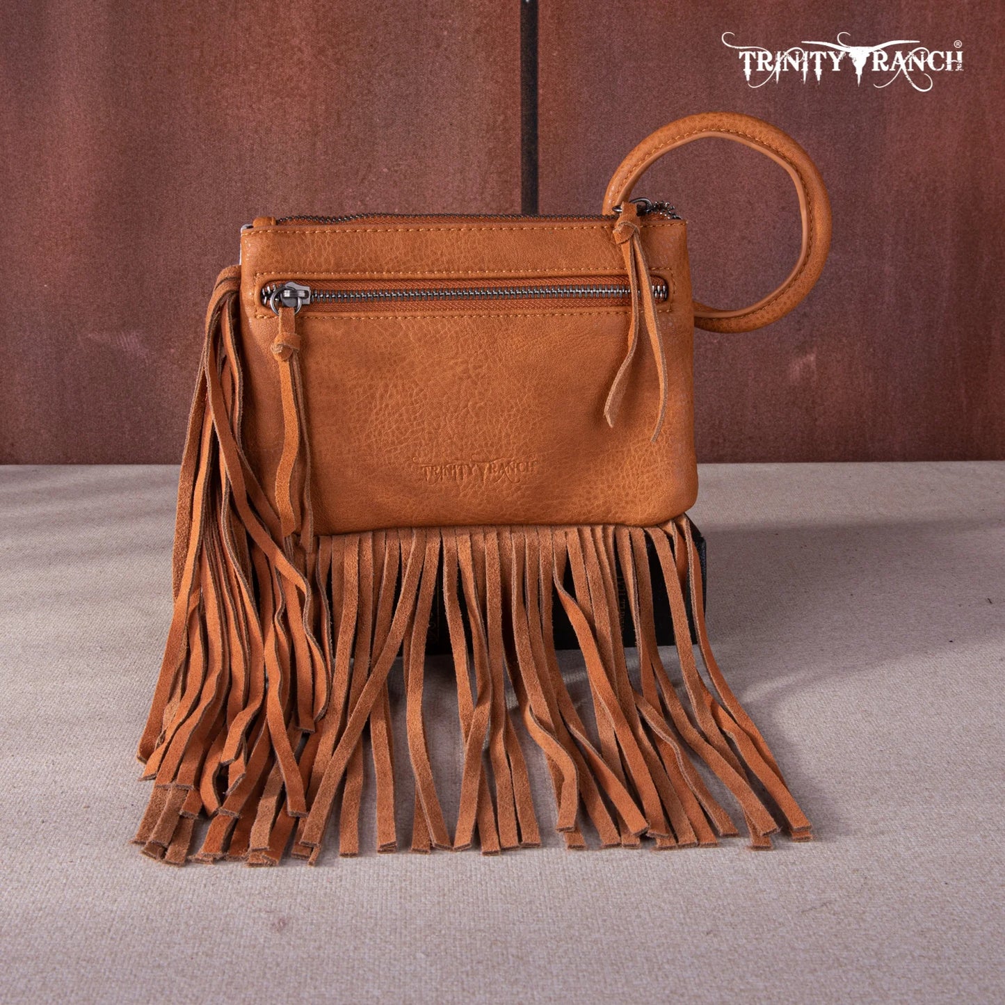 Trinity Ranch Genuine Hair-On Cowhide Ring Handle Wristlet Clutch Bag - Light Brown