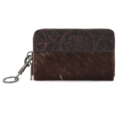 Trinity Ranch Genuine Cowhide Hair-On Floral Tooled Collection Mini Wallet -Coffee