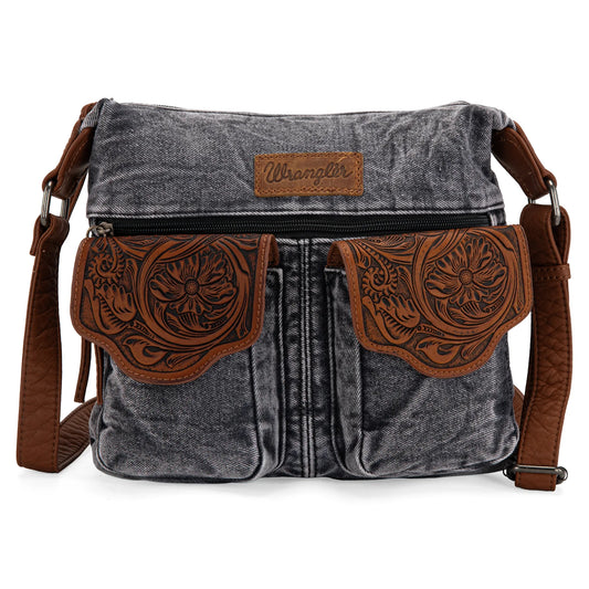 Wrangler Floral Tooled Denim Crossbody Black