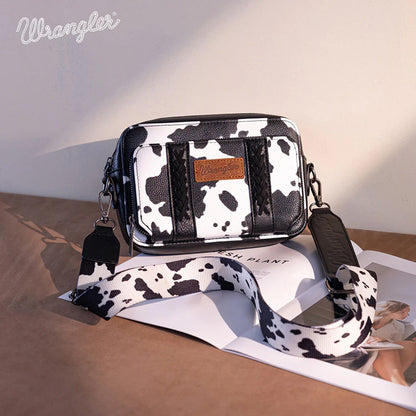 Wrangler Cow Print Crossbody Purse With Wallet Compartment - Black