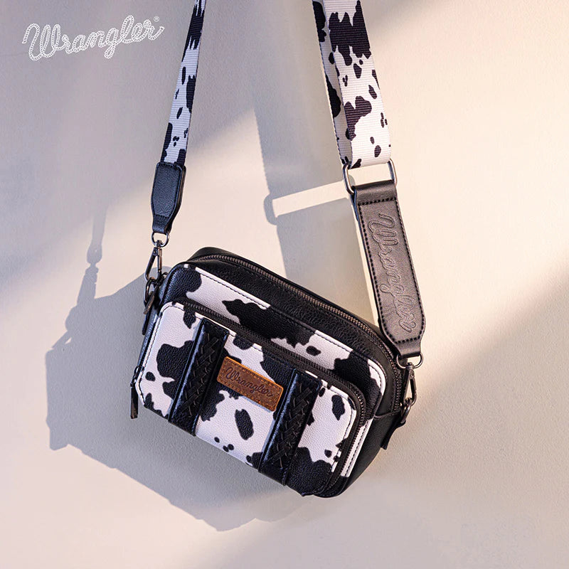 Wrangler Cow Print Crossbody Purse With Wallet Compartment - Black