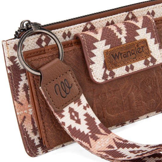 Wrangler Aztec Print Bi-Fold Wallet Wristlet - Light Coffee