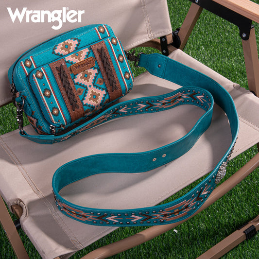 Wrangler Aztec Printed Crossbody Purse With Wallet Compartment - Turquoise