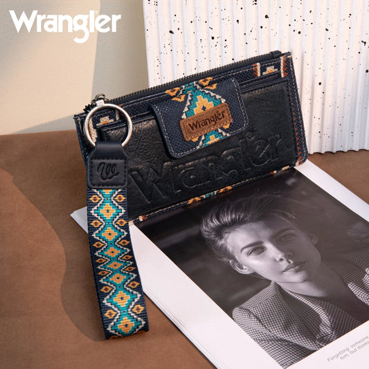 Wrangler Aztec Print Bi-Fold Wallet Wristlet - Navy