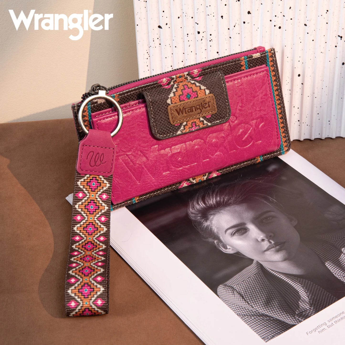 Wrangler Aztec Print Bi-Fold Wallet Wristlet - Hot Pink