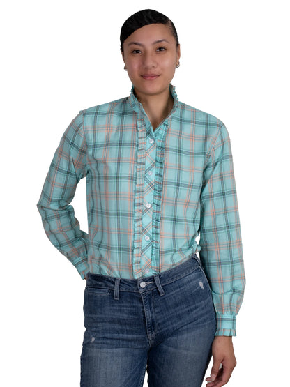 Just Country Ladies Abbey Frills Full Button Print Mint Green Plaid