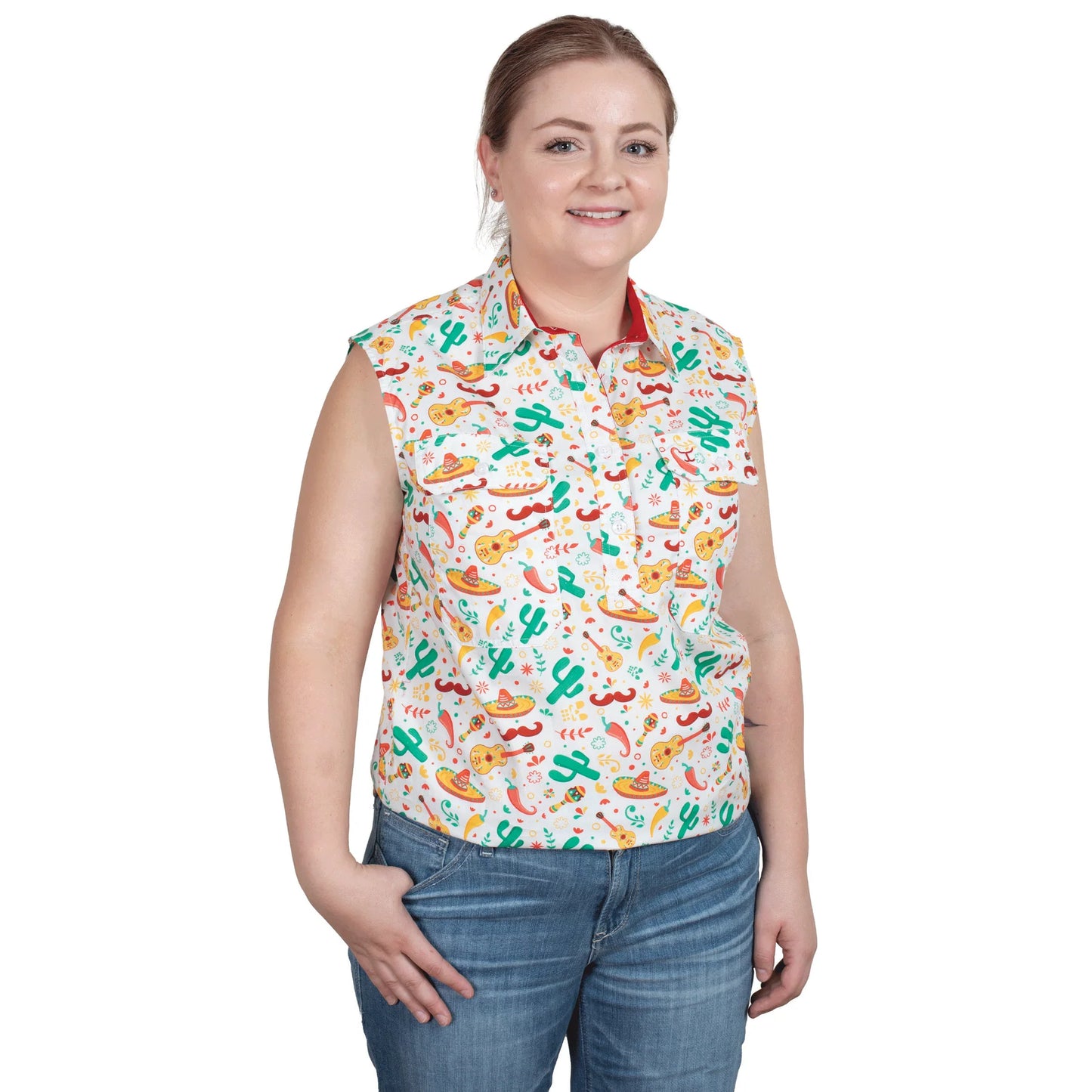 Just Country Women's - Lilly - 1/2 Button Sleeveless - White Cactus/Chilli