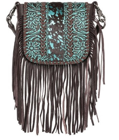 Montana West Genuine Leather Tooled Collection Fringe Crossbody Coffee