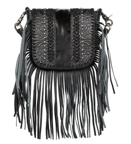 Montana West Genuine Leather Tooled Collection Fringe Crossbody Black