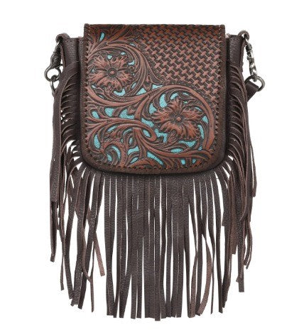 Montana West Genuine Leather Tooled Collection Fringe Crossbody Coffee