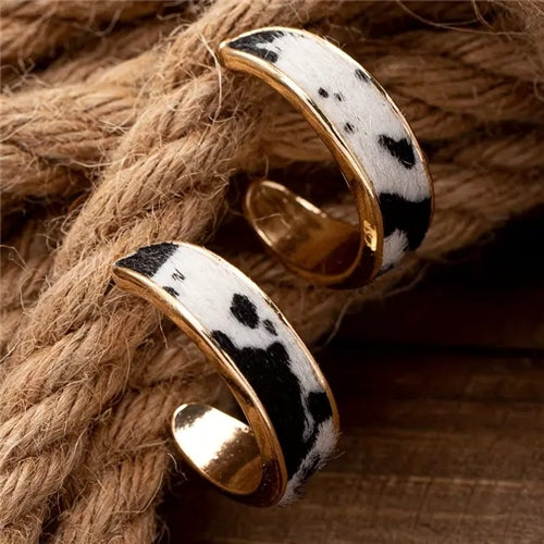 Vintage Western Cowboy Style Leopard & Cow Print C-Shaped Hoop Earrings - Black