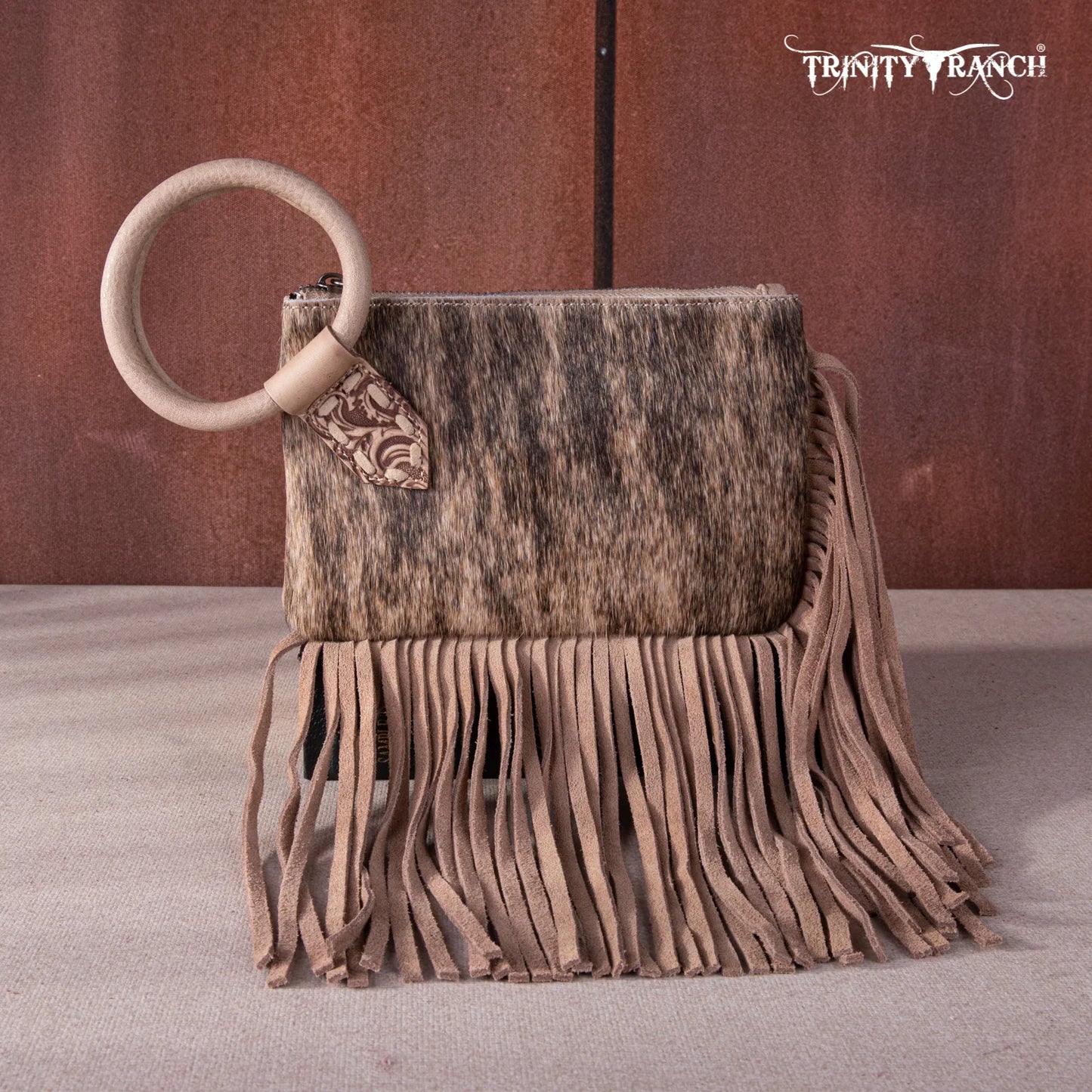 Trinity Ranch Genuine Hair-On Cowhide Ring Handle Wristlet Clutch Bag - Tan