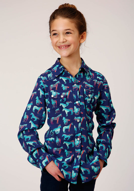 Roper Girls L/S Blue Horse Print Shirt