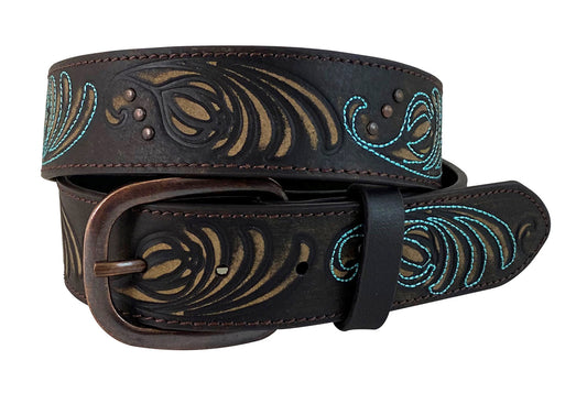 Roper Womens 1.1/2" Belt Genuine Leather Embossed Brown